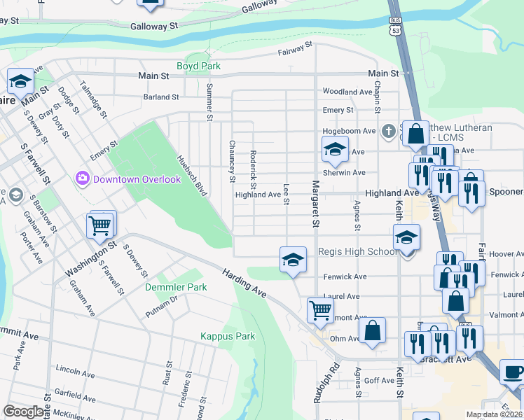 map of restaurants, bars, coffee shops, grocery stores, and more near 1410 Lyndale Avenue in Eau Claire