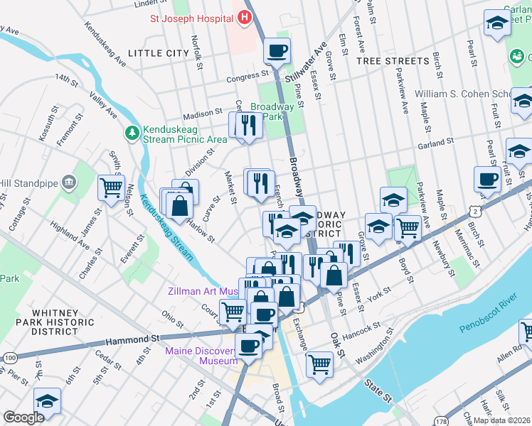 map of restaurants, bars, coffee shops, grocery stores, and more near 8 Center Street Avenue in Bangor