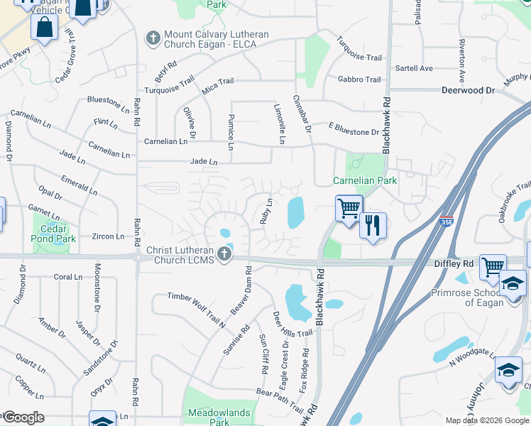 map of restaurants, bars, coffee shops, grocery stores, and more near 4127 Ruby Lane in Eagan