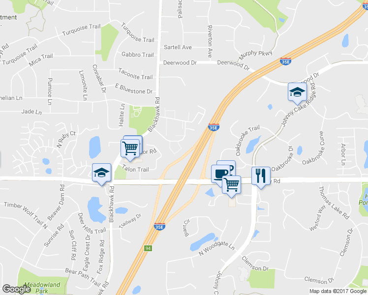 map of restaurants, bars, coffee shops, grocery stores, and more near 4140 Meadowlark Way in Eagan