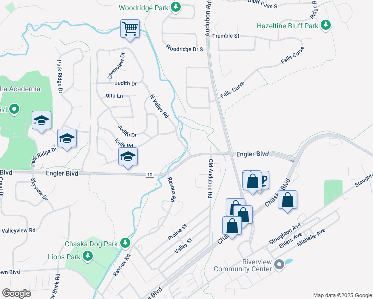 map of restaurants, bars, coffee shops, grocery stores, and more near 63 Brandon Boulevard in Chaska