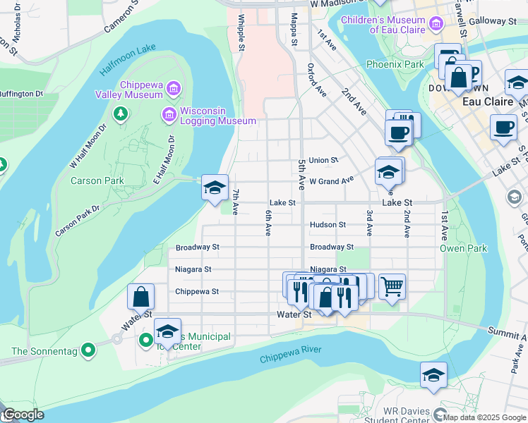 map of restaurants, bars, coffee shops, grocery stores, and more near 618 6th Avenue in Eau Claire