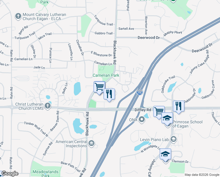 map of restaurants, bars, coffee shops, grocery stores, and more near 1779 Talon Trail in Eagan