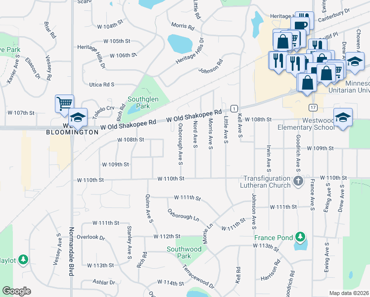 map of restaurants, bars, coffee shops, grocery stores, and more near 10849 Oxborough Avenue South in Minneapolis