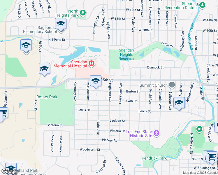 map of restaurants, bars, coffee shops, grocery stores, and more near 1105 Burton St in Sheridan