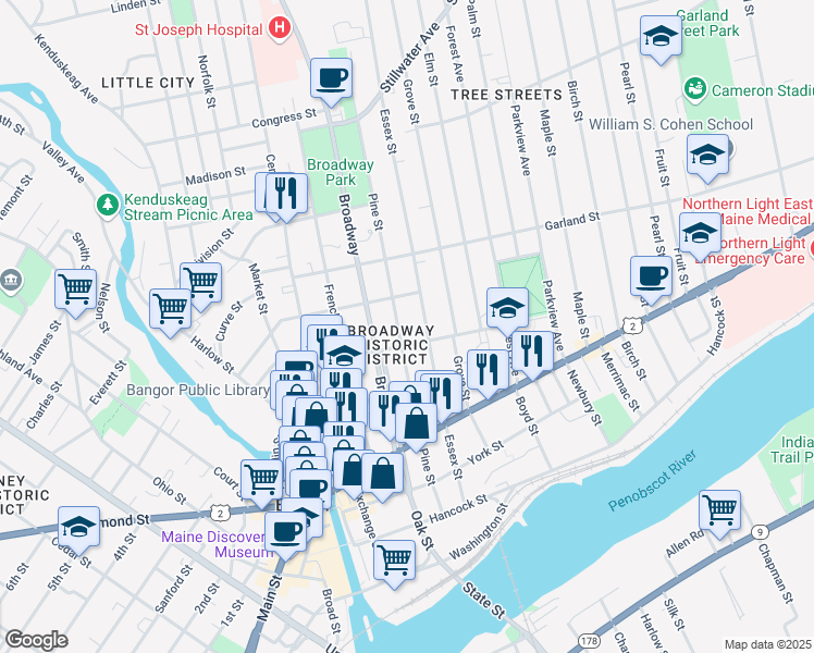 map of restaurants, bars, coffee shops, grocery stores, and more near 172 Pine Street in Glenburn