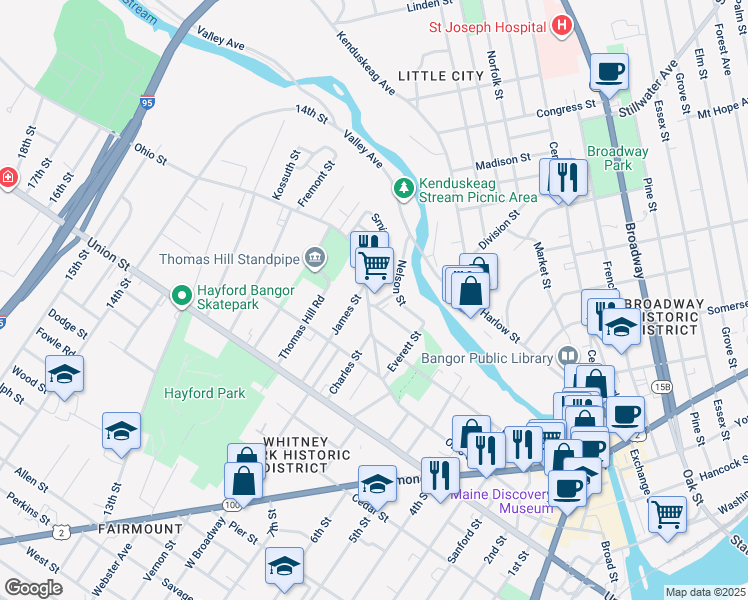 map of restaurants, bars, coffee shops, grocery stores, and more near 1-29 Drummond Street in Bangor