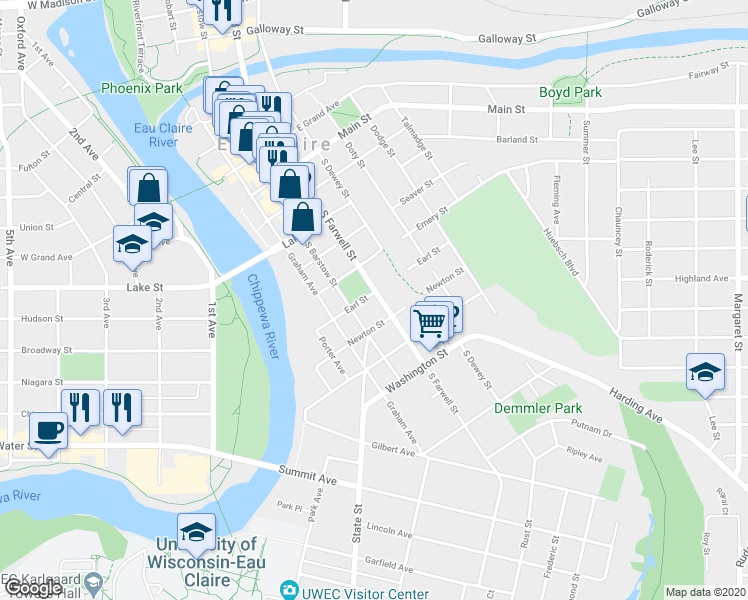 map of restaurants, bars, coffee shops, grocery stores, and more near 908 South Farwell Street in Eau Claire