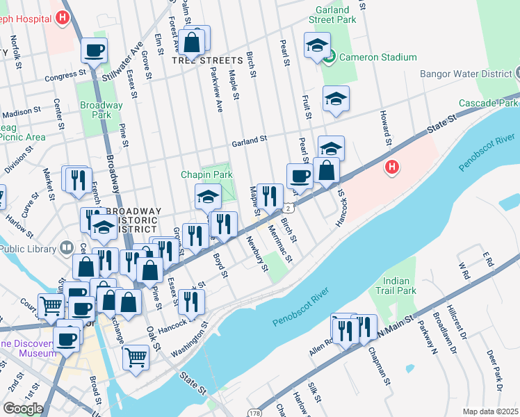 map of restaurants, bars, coffee shops, grocery stores, and more near 15 Maple Street in Bangor