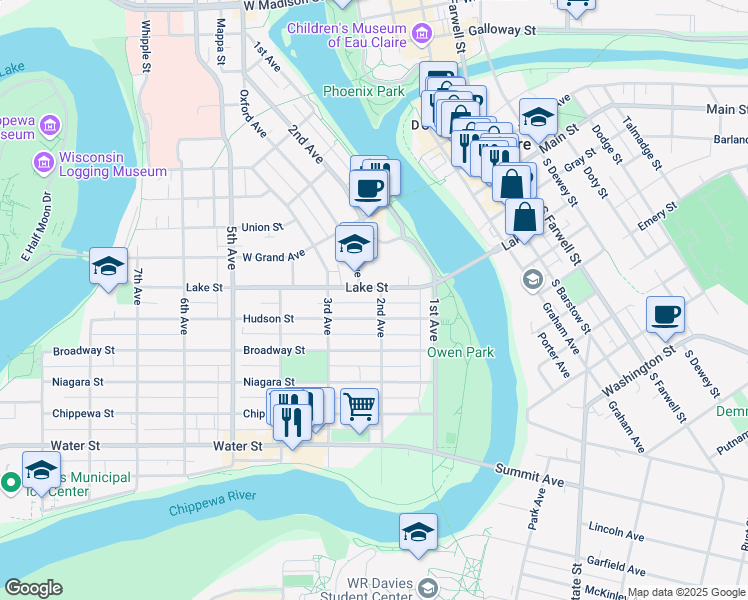 map of restaurants, bars, coffee shops, grocery stores, and more near 609 2nd Avenue in Eau Claire