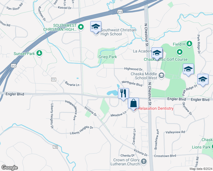 map of restaurants, bars, coffee shops, grocery stores, and more near 332 Pondview Lane in Chaska