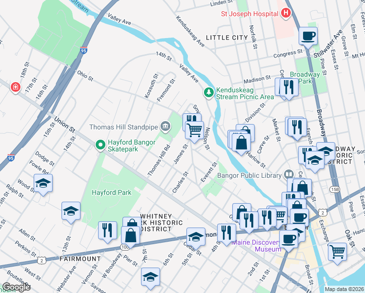 map of restaurants, bars, coffee shops, grocery stores, and more near 17 James Street in Bangor