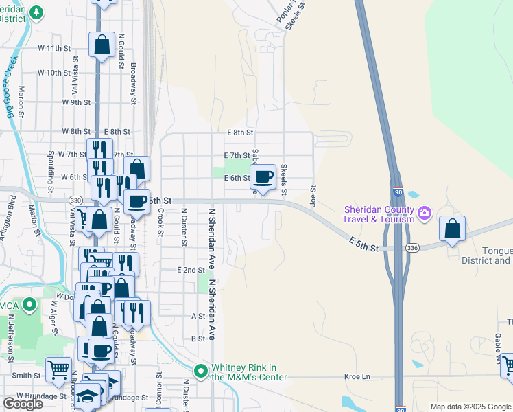 map of restaurants, bars, coffee shops, grocery stores, and more near 600 East 5th Street in Sheridan