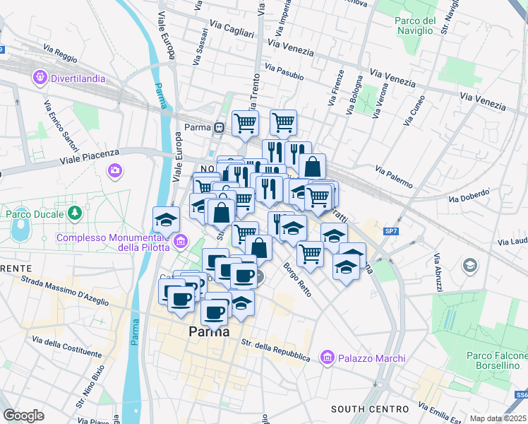 map of restaurants, bars, coffee shops, grocery stores, and more near 47 Strada XX Settembre in Parma