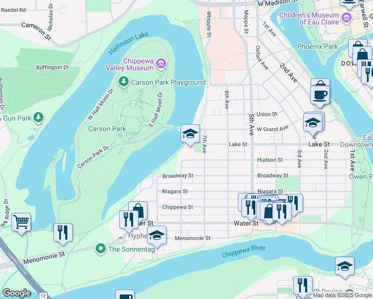 map of restaurants, bars, coffee shops, grocery stores, and more near 711 Lake Street in Eau Claire