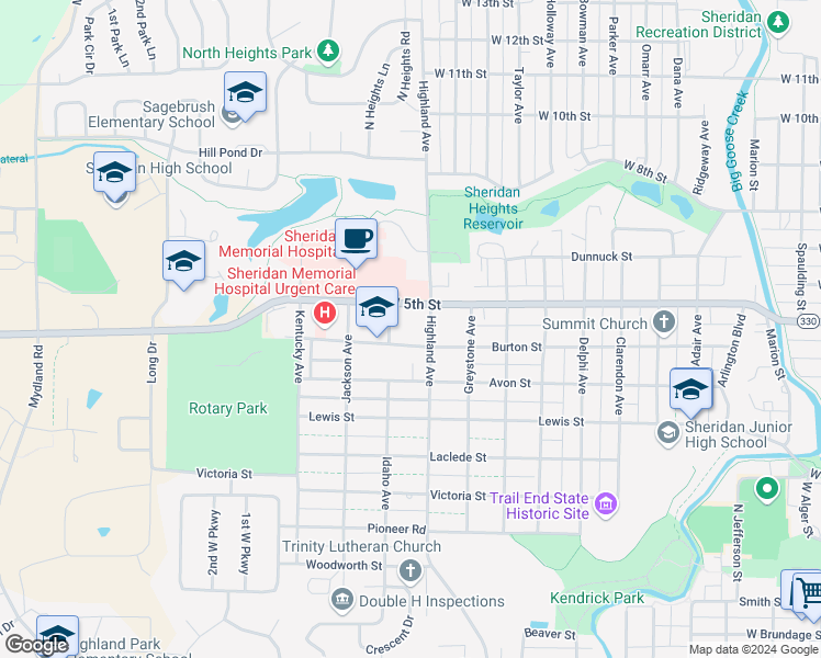 map of restaurants, bars, coffee shops, grocery stores, and more near 938 Highland Avenue in Sheridan