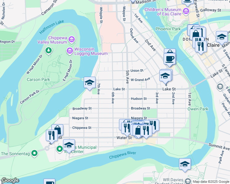 map of restaurants, bars, coffee shops, grocery stores, and more near 539 Lake Street in Eau Claire