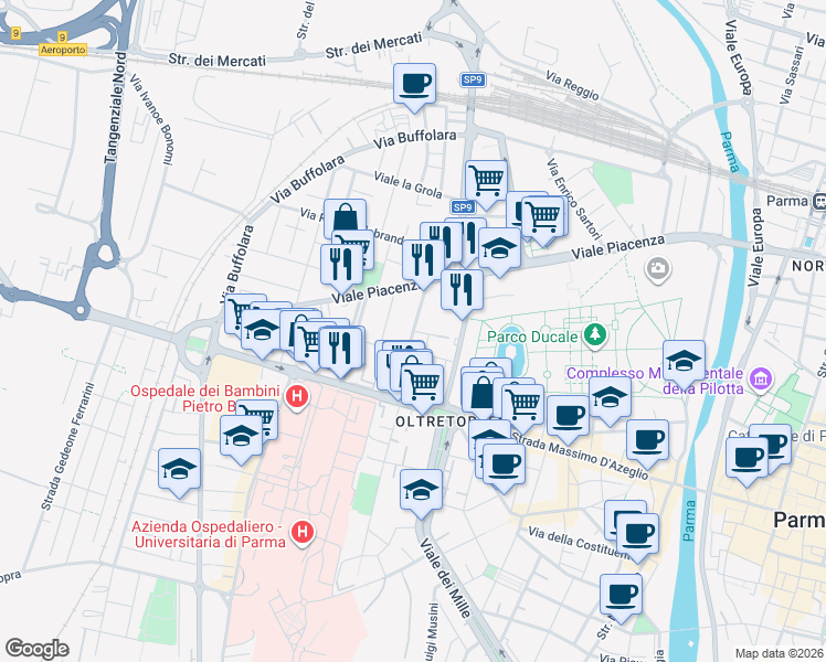 map of restaurants, bars, coffee shops, grocery stores, and more near 10 Via Marchesi Luigi e Salvatore in Parma