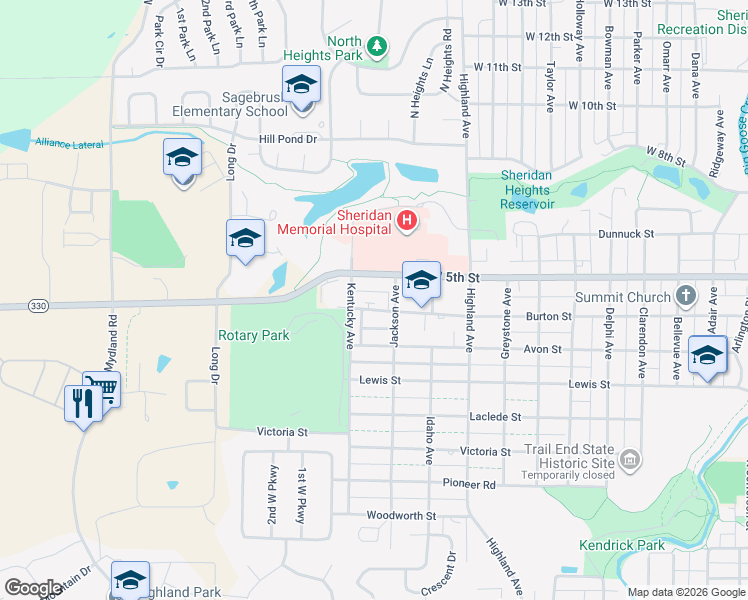 map of restaurants, bars, coffee shops, grocery stores, and more near 1435 Burton Street in Sheridan