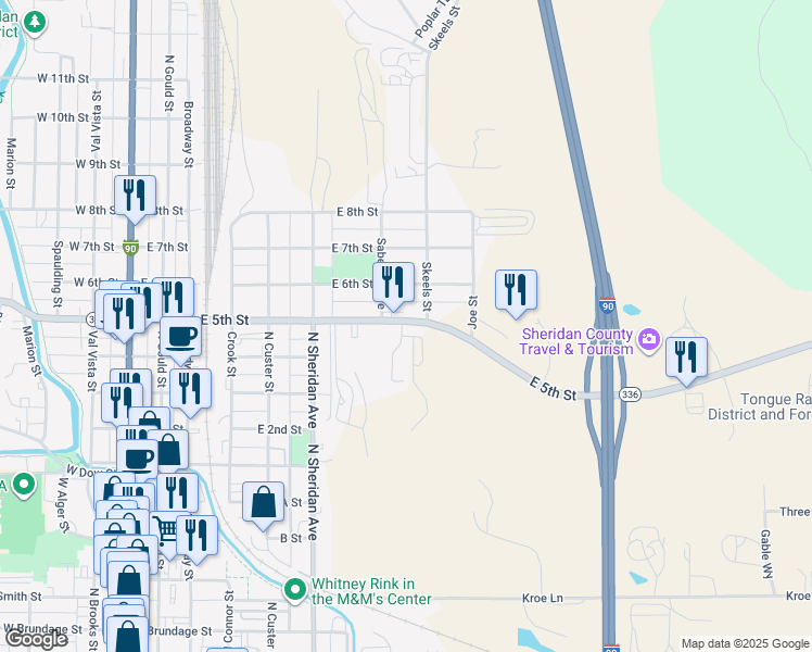 map of restaurants, bars, coffee shops, grocery stores, and more near 600 E 5th St in Sheridan