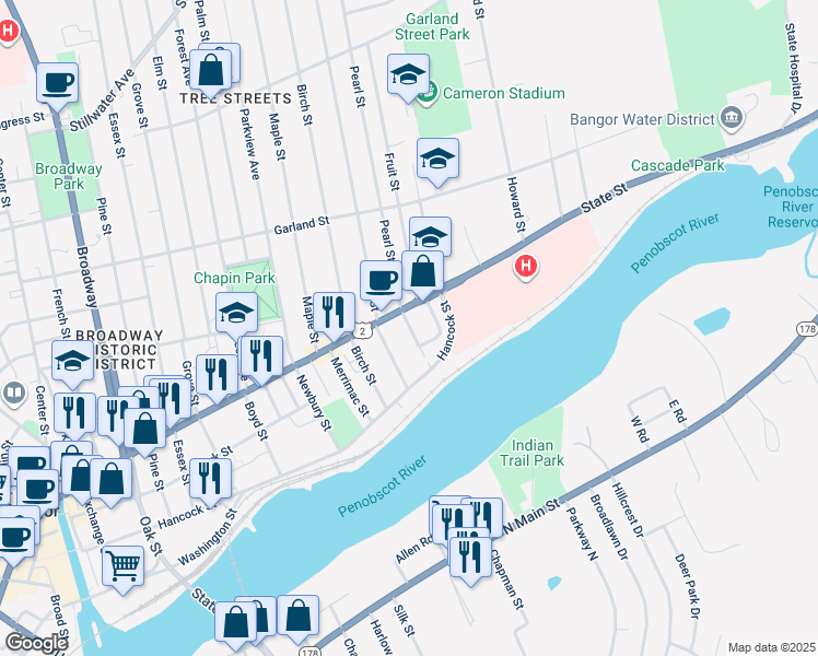 map of restaurants, bars, coffee shops, grocery stores, and more near 12 East Summer Street in Bangor