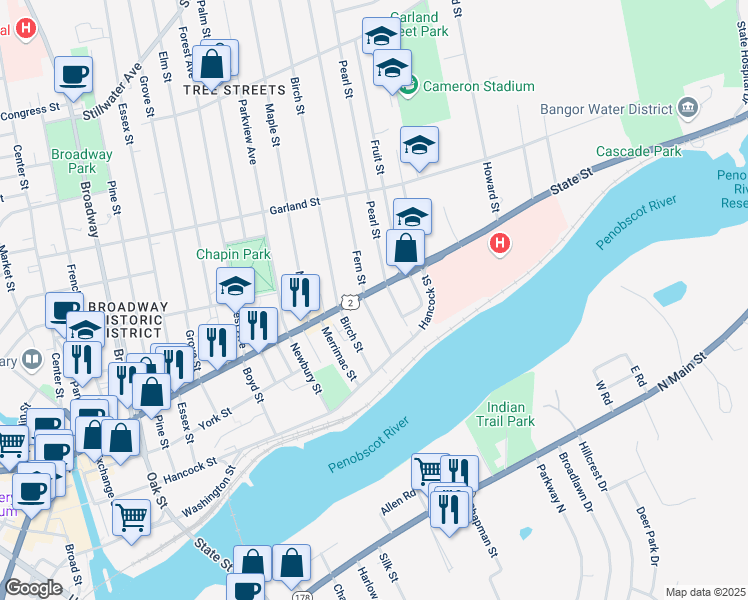 map of restaurants, bars, coffee shops, grocery stores, and more near 12 East Summer Street in Bangor