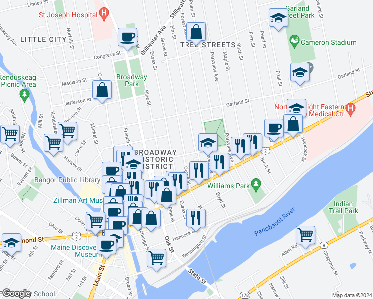 map of restaurants, bars, coffee shops, grocery stores, and more near 117 Somerset Street in Bangor