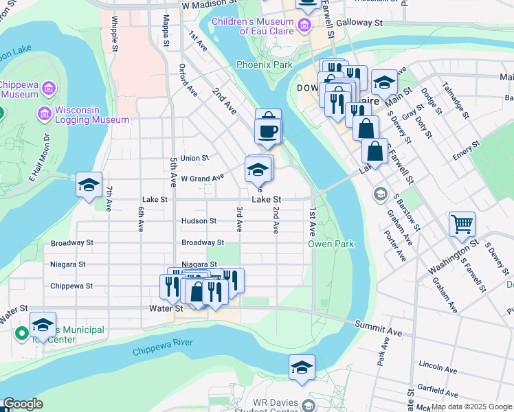 map of restaurants, bars, coffee shops, grocery stores, and more near 221 Lake Street in Eau Claire