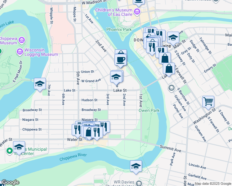 map of restaurants, bars, coffee shops, grocery stores, and more near 221 Lake Street in Eau Claire