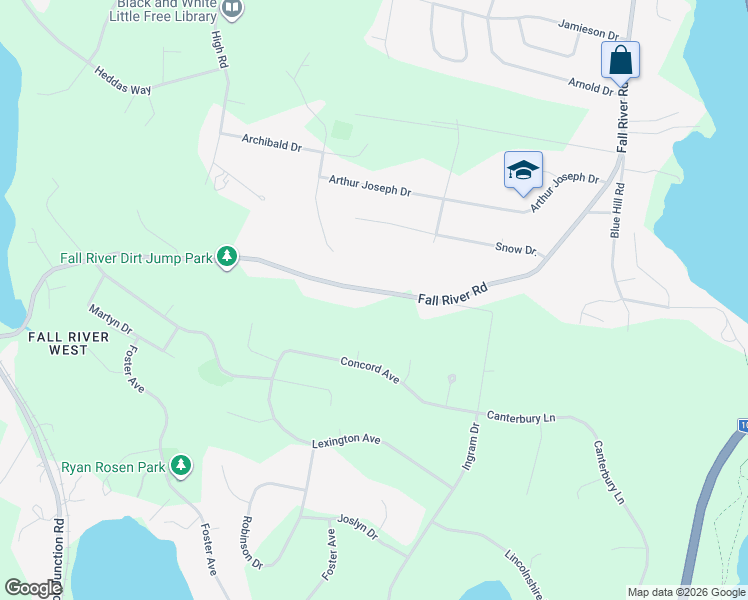 map of restaurants, bars, coffee shops, grocery stores, and more near 1059 Fall River Road in Fall River