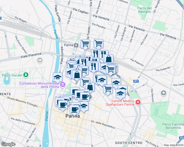 map of restaurants, bars, coffee shops, grocery stores, and more near 47 Strada XX Settembre in Parma