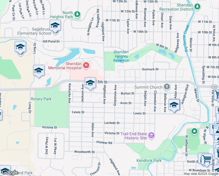 map of restaurants, bars, coffee shops, grocery stores, and more near 1105 Burton Street in Sheridan