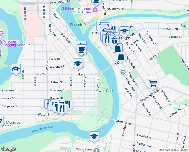 map of restaurants, bars, coffee shops, grocery stores, and more near 119 Lake Street in Eau Claire