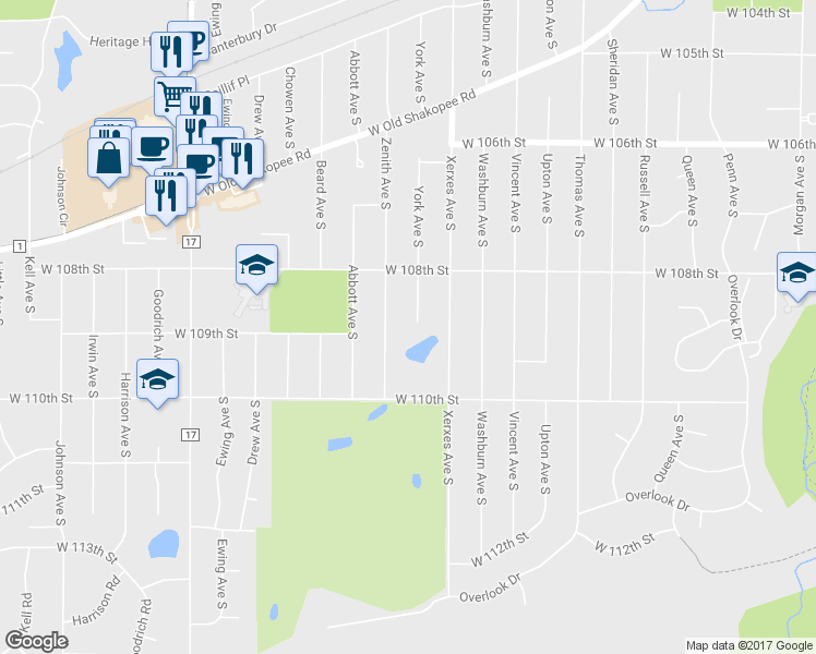 map of restaurants, bars, coffee shops, grocery stores, and more near 10840 York Avenue South in Minneapolis