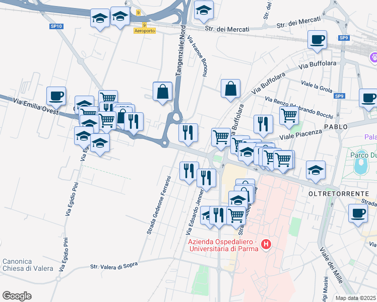 map of restaurants, bars, coffee shops, grocery stores, and more near 4 Via Emilia Ovest in Parma