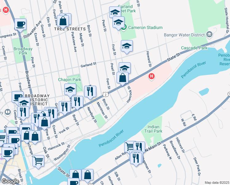 map of restaurants, bars, coffee shops, grocery stores, and more near 12 East Summer Street in Bangor