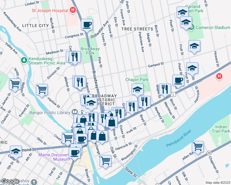 map of restaurants, bars, coffee shops, grocery stores, and more near 147 Essex Street in Bangor