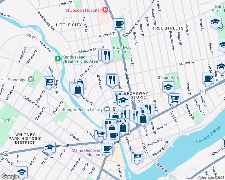 map of restaurants, bars, coffee shops, grocery stores, and more near 8 Center Street Avenue in Bangor
