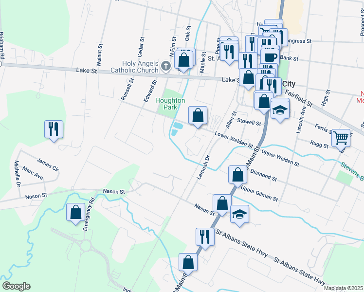 map of restaurants, bars, coffee shops, grocery stores, and more near 94 Lower Welden Street in Saint Albans City