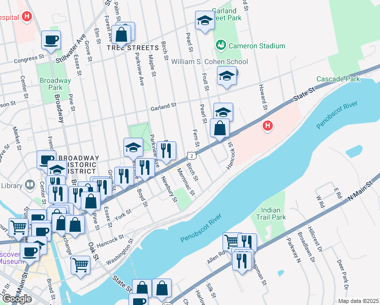 map of restaurants, bars, coffee shops, grocery stores, and more near 292 State Street in Bangor