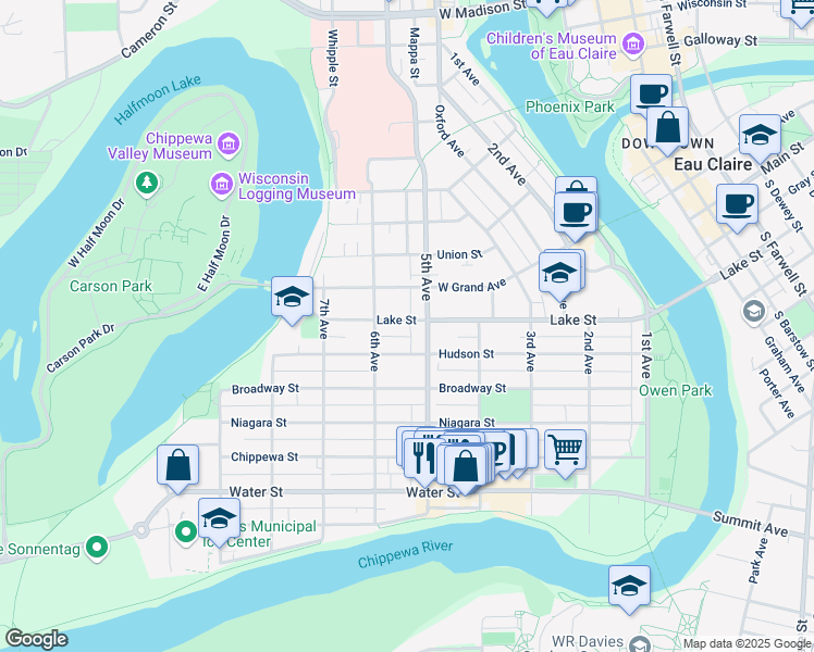 map of restaurants, bars, coffee shops, grocery stores, and more near 513 Lake Street in Eau Claire