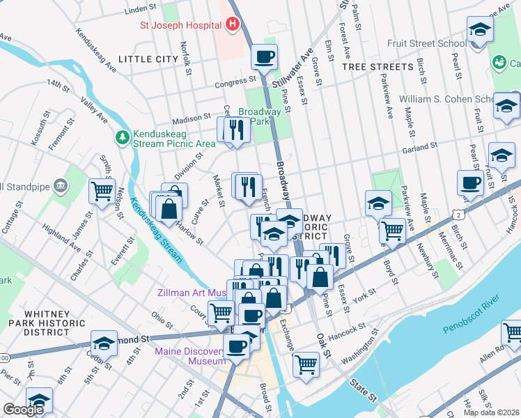 map of restaurants, bars, coffee shops, grocery stores, and more near 8 Center Street Avenue in Bangor