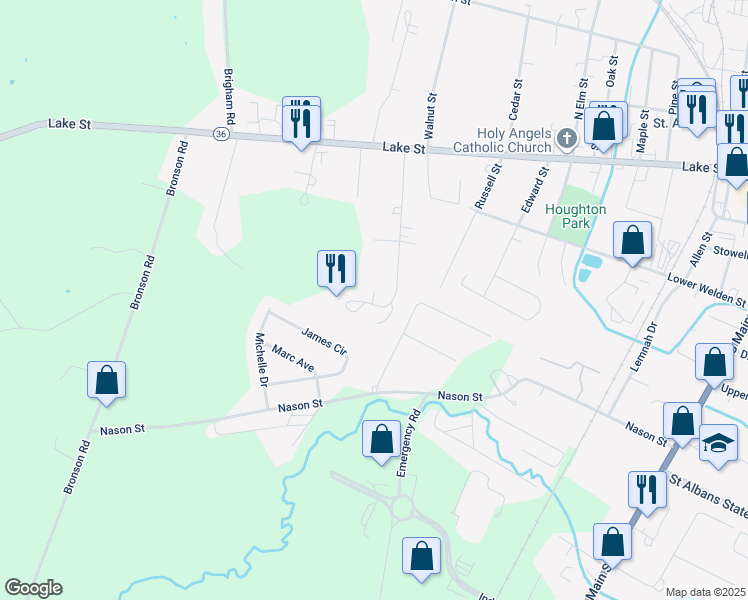 map of restaurants, bars, coffee shops, grocery stores, and more near 68 Huntington Street in Saint Albans City