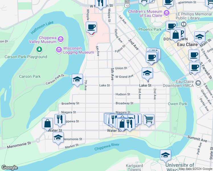 map of restaurants, bars, coffee shops, grocery stores, and more near 521 Lake Street in Eau Claire