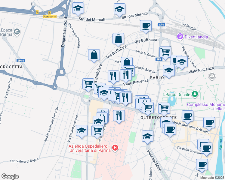 map of restaurants, bars, coffee shops, grocery stores, and more near 1-17 Via Edoardo Ughi in Parma