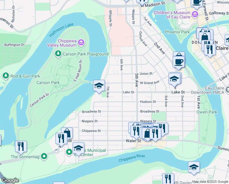 map of restaurants, bars, coffee shops, grocery stores, and more near 711 Lake Street in Eau Claire
