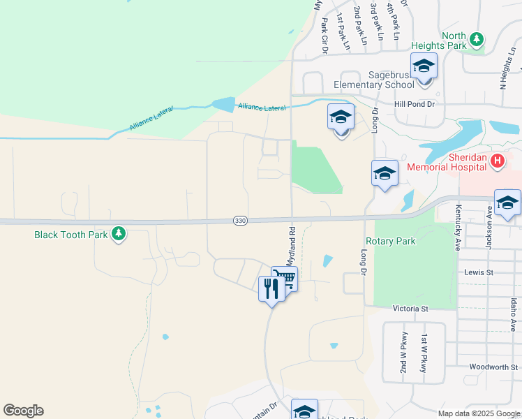 map of restaurants, bars, coffee shops, grocery stores, and more near 2184-2214 Highway 330 in Sheridan