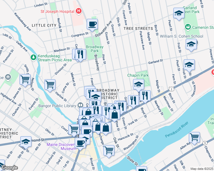 map of restaurants, bars, coffee shops, grocery stores, and more near 172 Pine Street in Glenburn