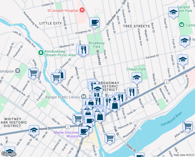 map of restaurants, bars, coffee shops, grocery stores, and more near 128 Broadway in Bangor