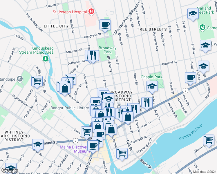 map of restaurants, bars, coffee shops, grocery stores, and more near 101 Cumberland Street in Bangor